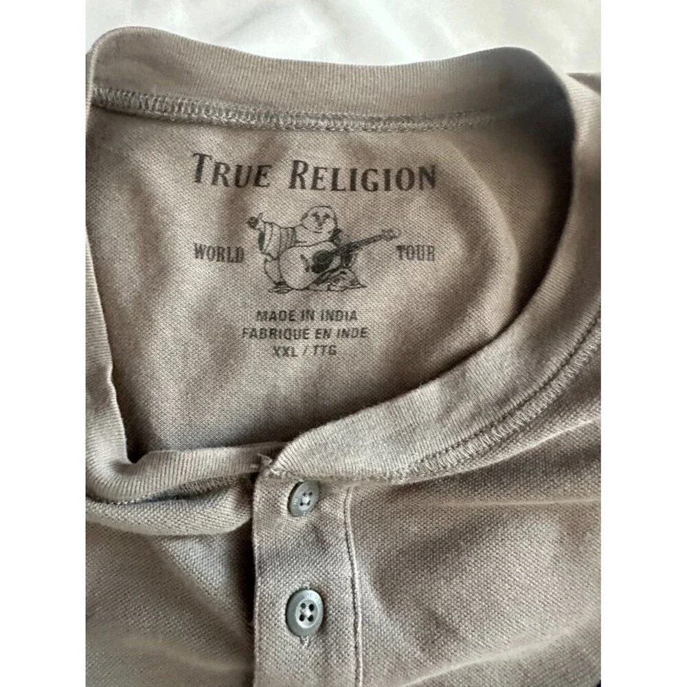 True Religion Men’s XXL Taupe Long Sleeve Henley Shirt Embroidered Logo Casual